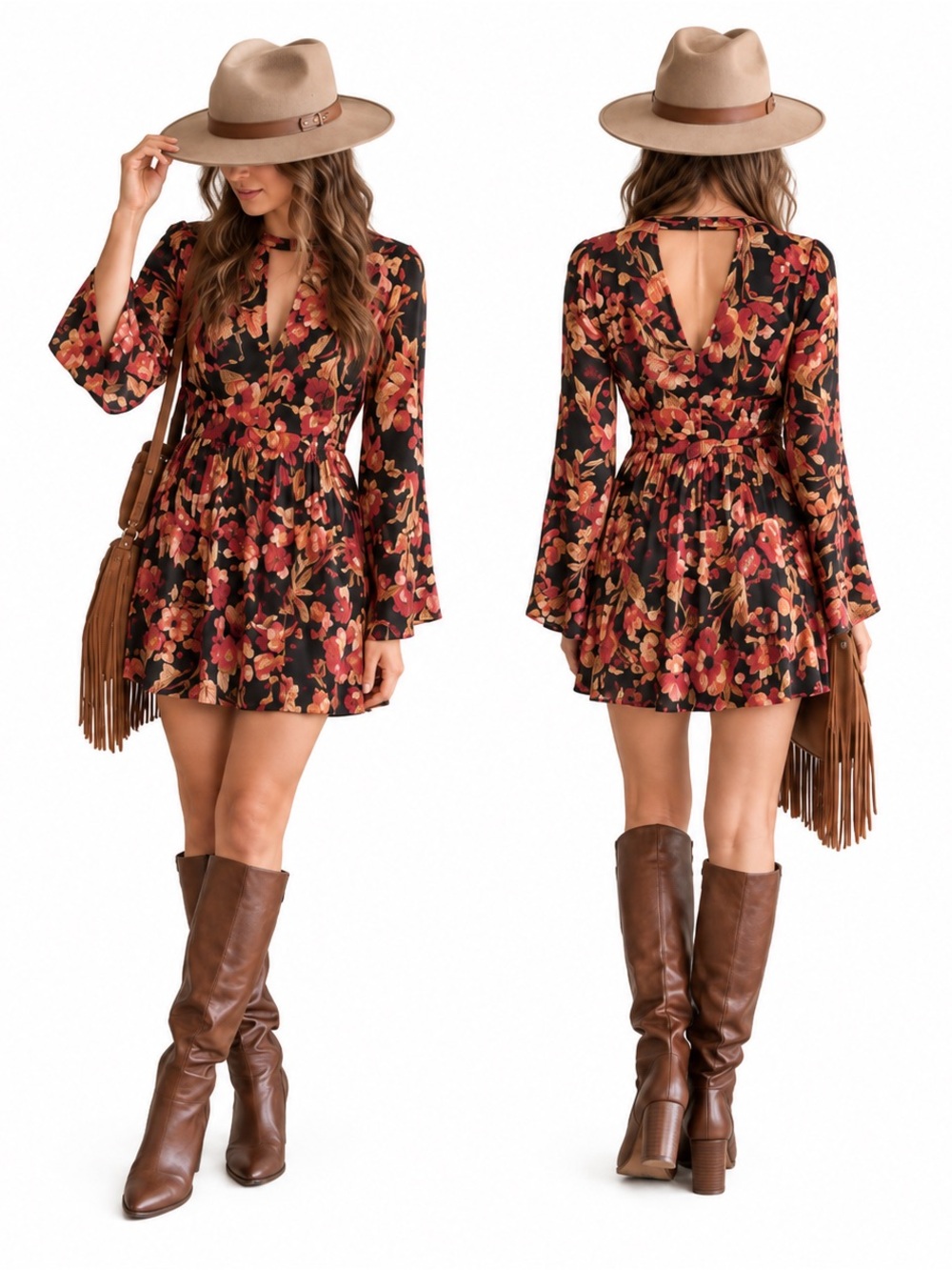 Free People Tegan Black Autumn Floral Bell Sleeve Boho Mini Dress Size 4 NWOT